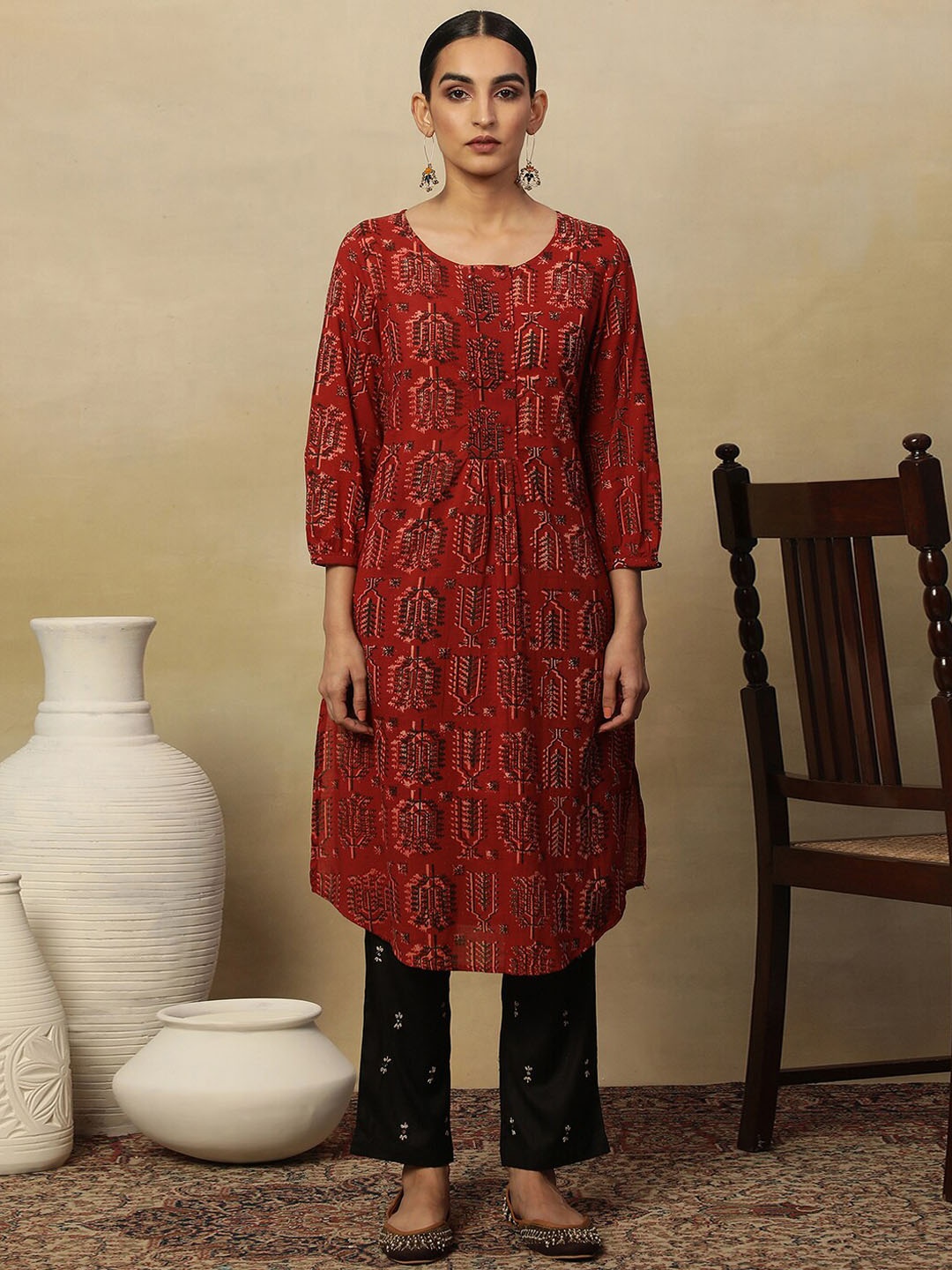 

W Tribal Printed Mirror Work Pure Cotton Kurta, Red