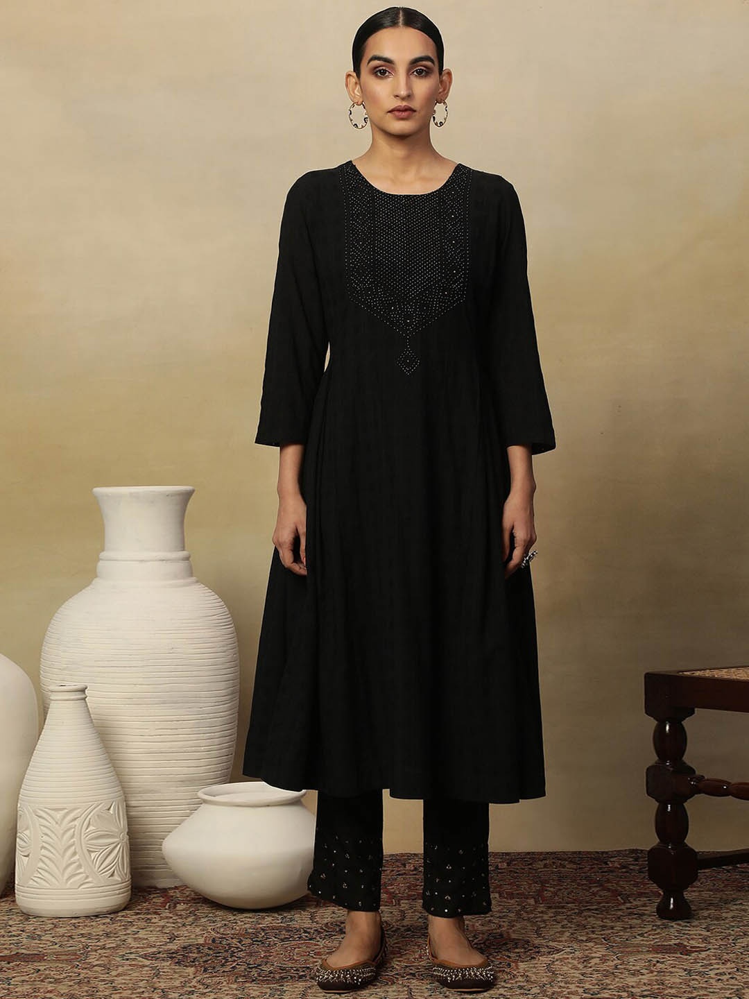 

W Embellished Beads and Stones A-Line Kurta, Black