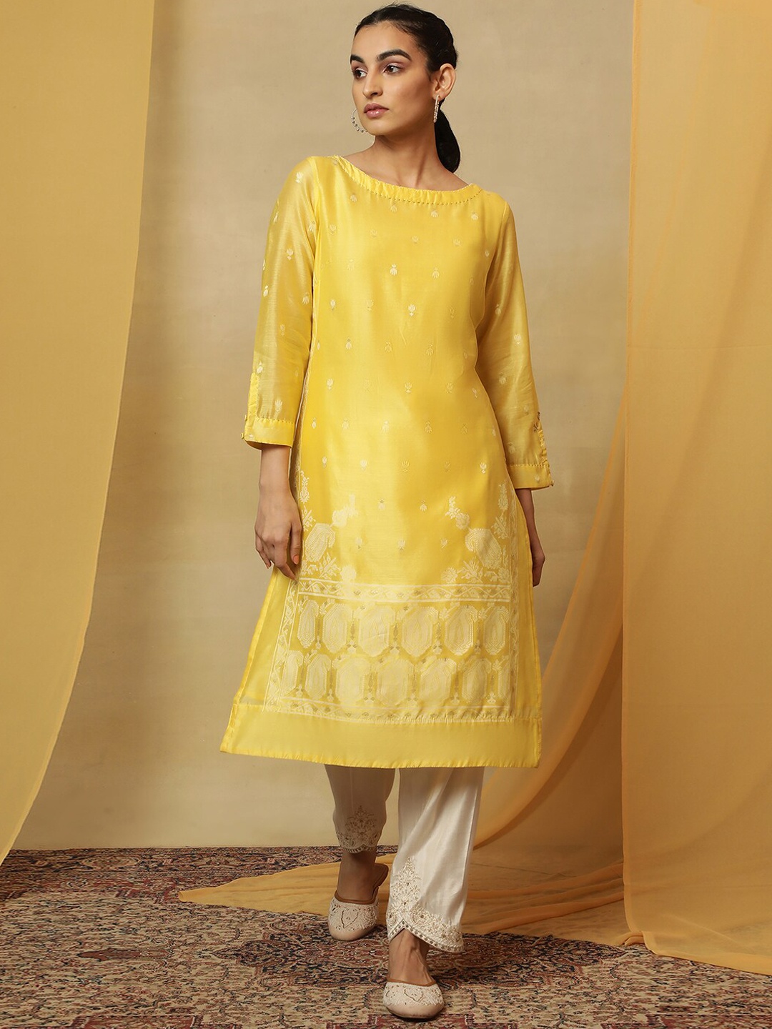 

W Ethnic Motifs Woven Design Straight Kurta, Yellow