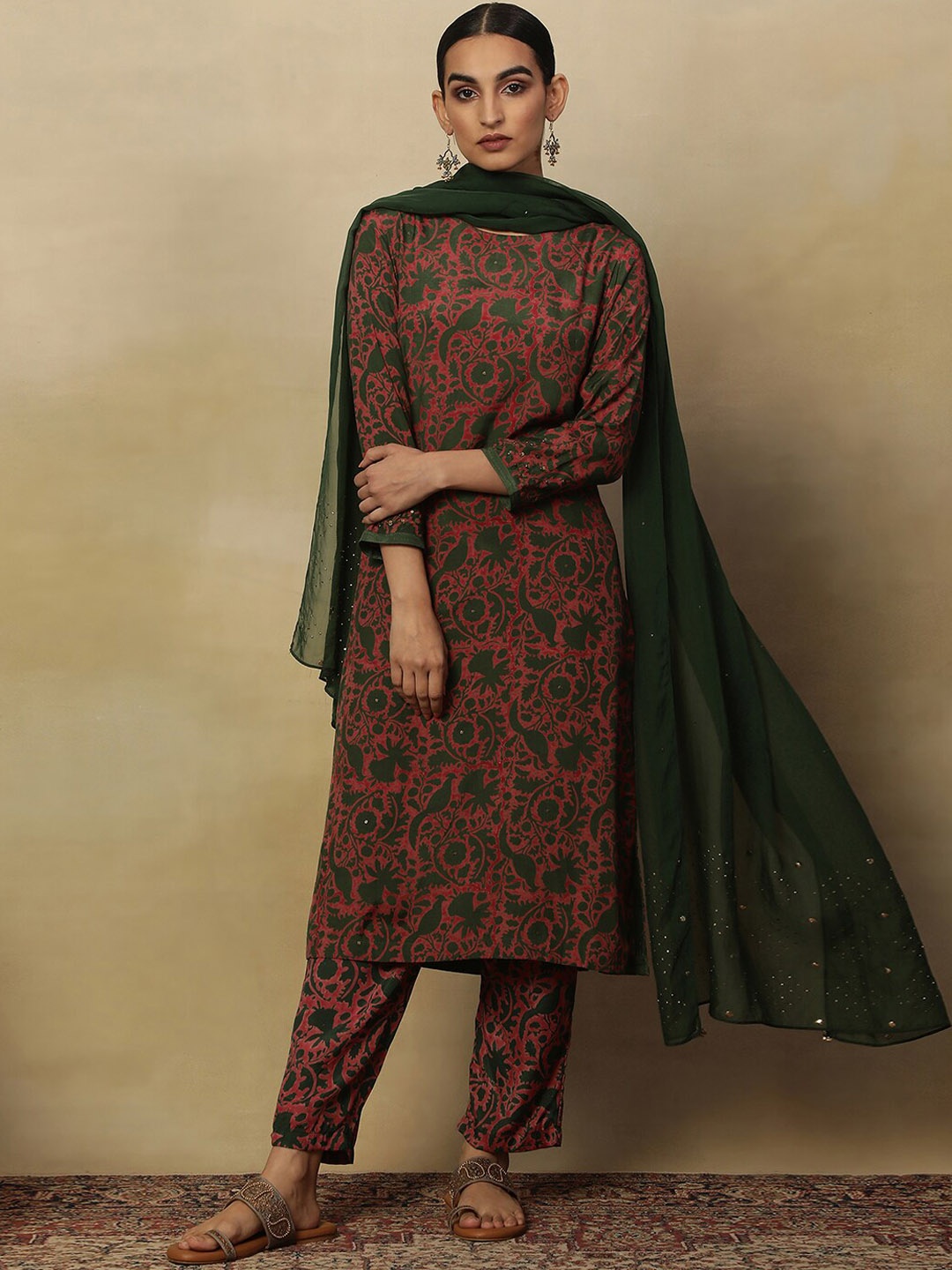 

W Floral Printed Sequinned Straight Kurta, Pink