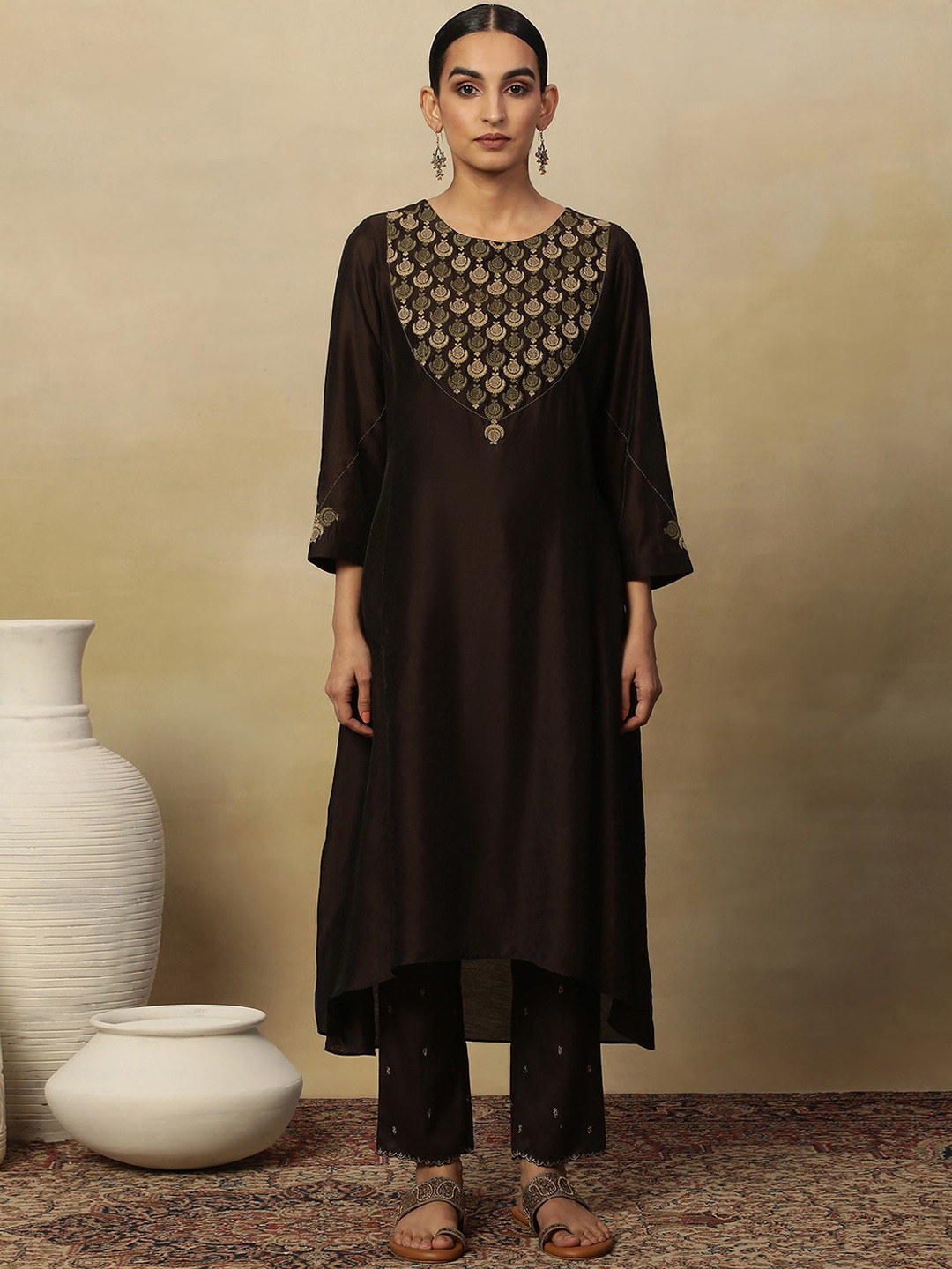 

W Ethnic Motifs Embroidered A-Line Kurta, Brown