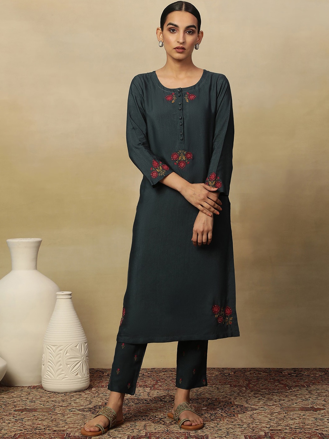 

W Floral Embroidered Beads & Stones Straight Kurta, Blue