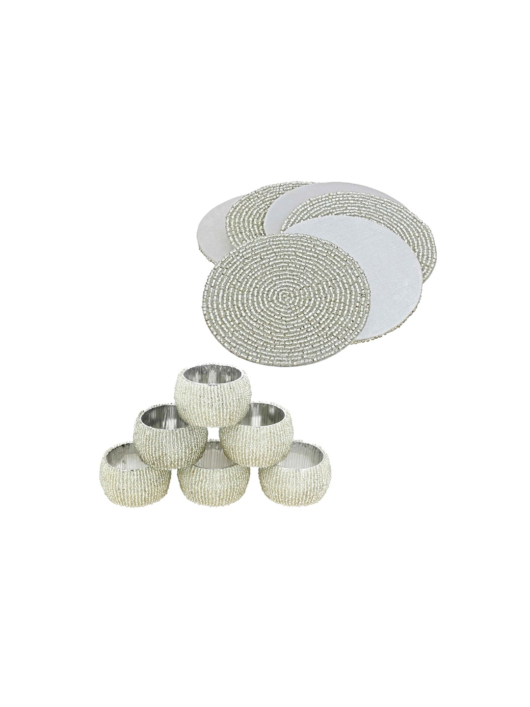 

PRISHA INDIA CRAFT 6 Pieces White Beaded Coasters, Silver