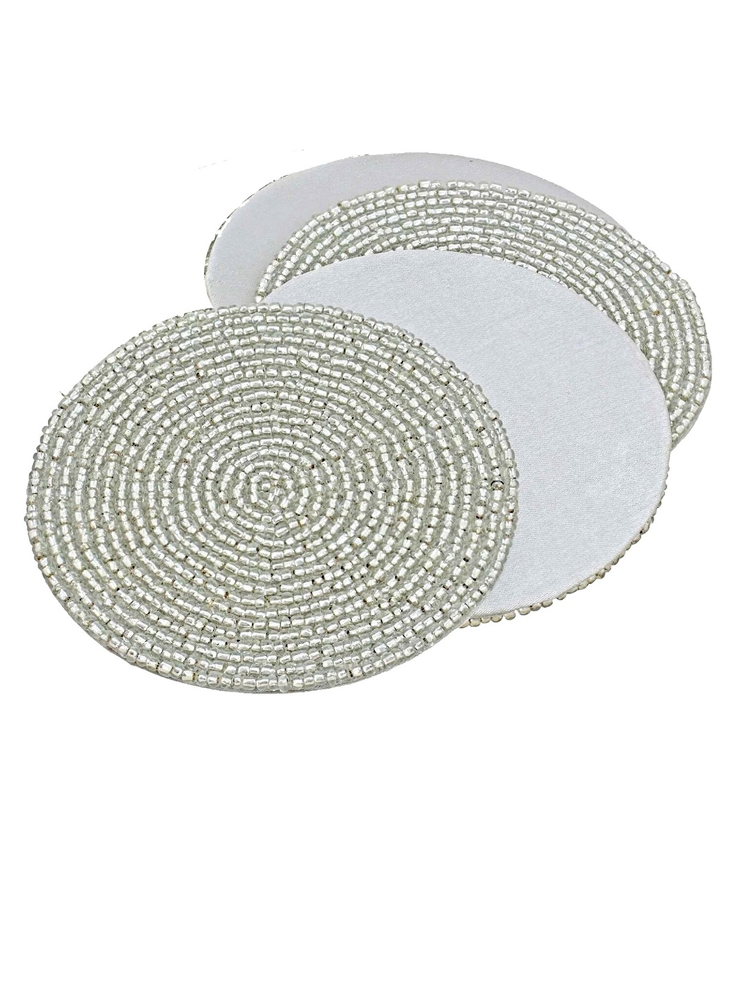 

PRISHA INDIA CRAFT 4 Pieces White Beaded Coasters, Silver