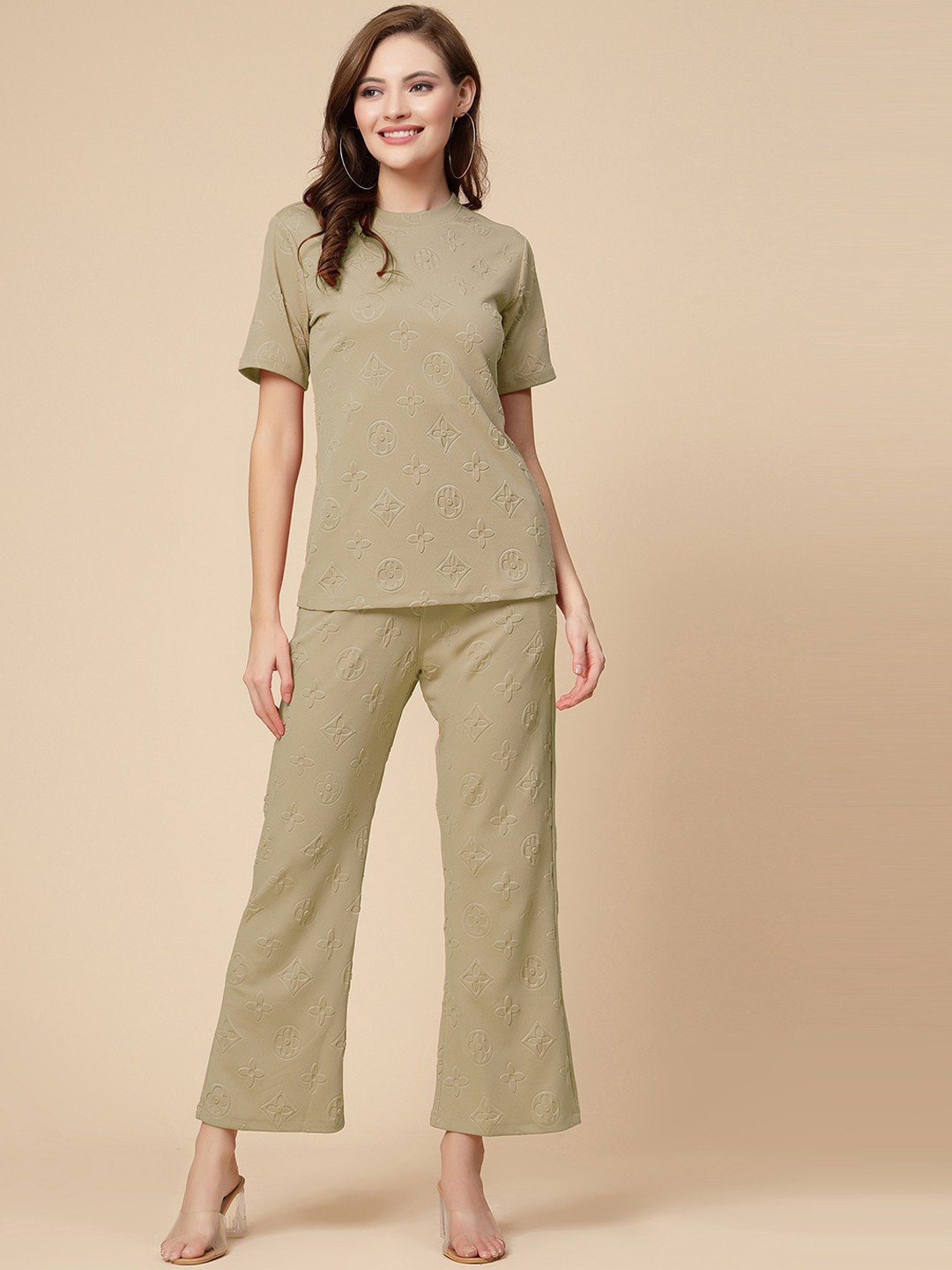 

Selvia Self Design Round Neck Top With Trouser, Beige