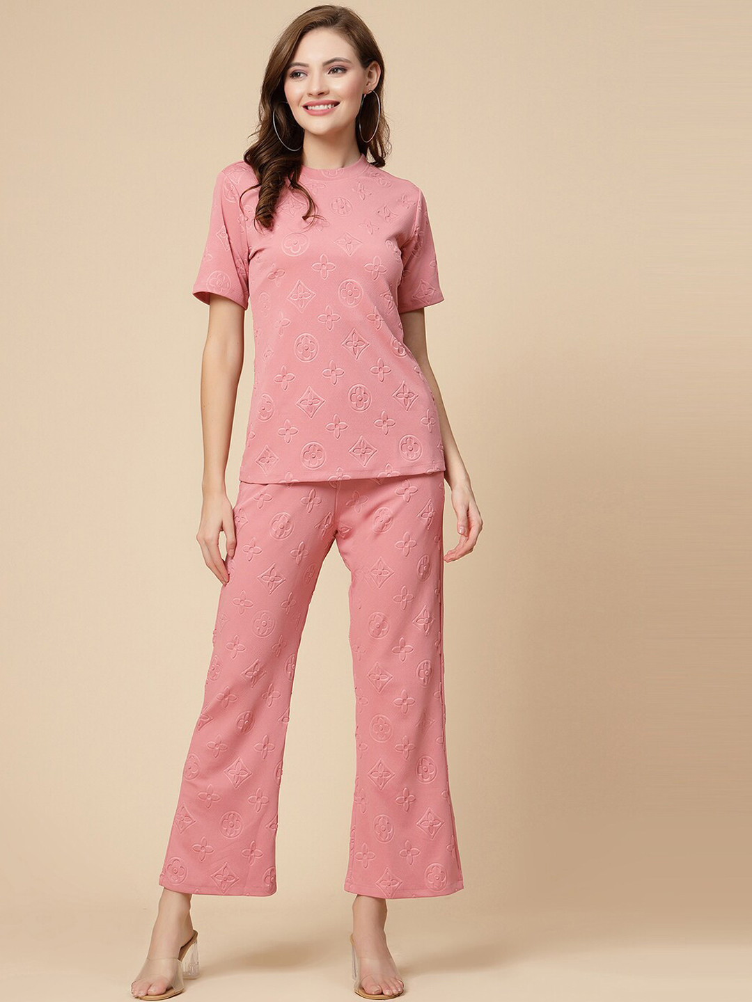 

Selvia Self Design Round Neck Top With Trouser, Pink