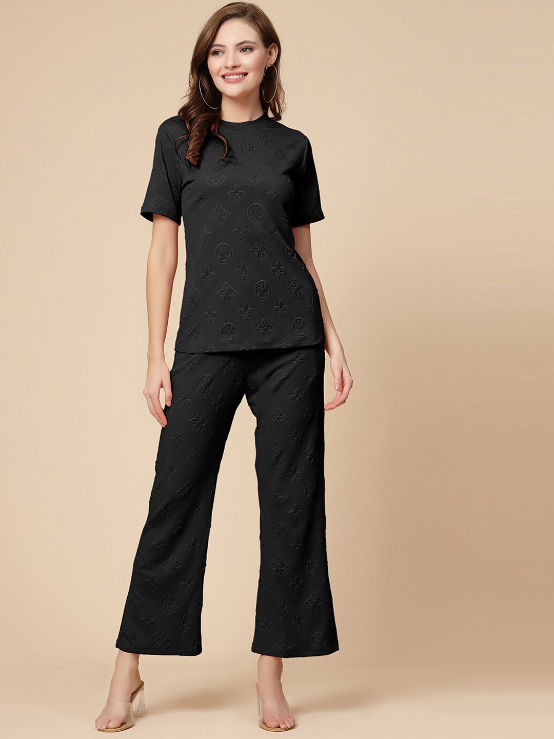 

Selvia Self Design Round Neck Top With Trouser, Black