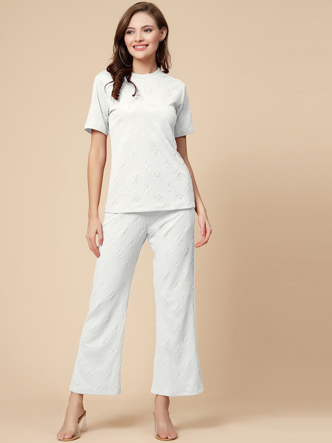 

Selvia Self Design Round Neck Top With Trouser, White