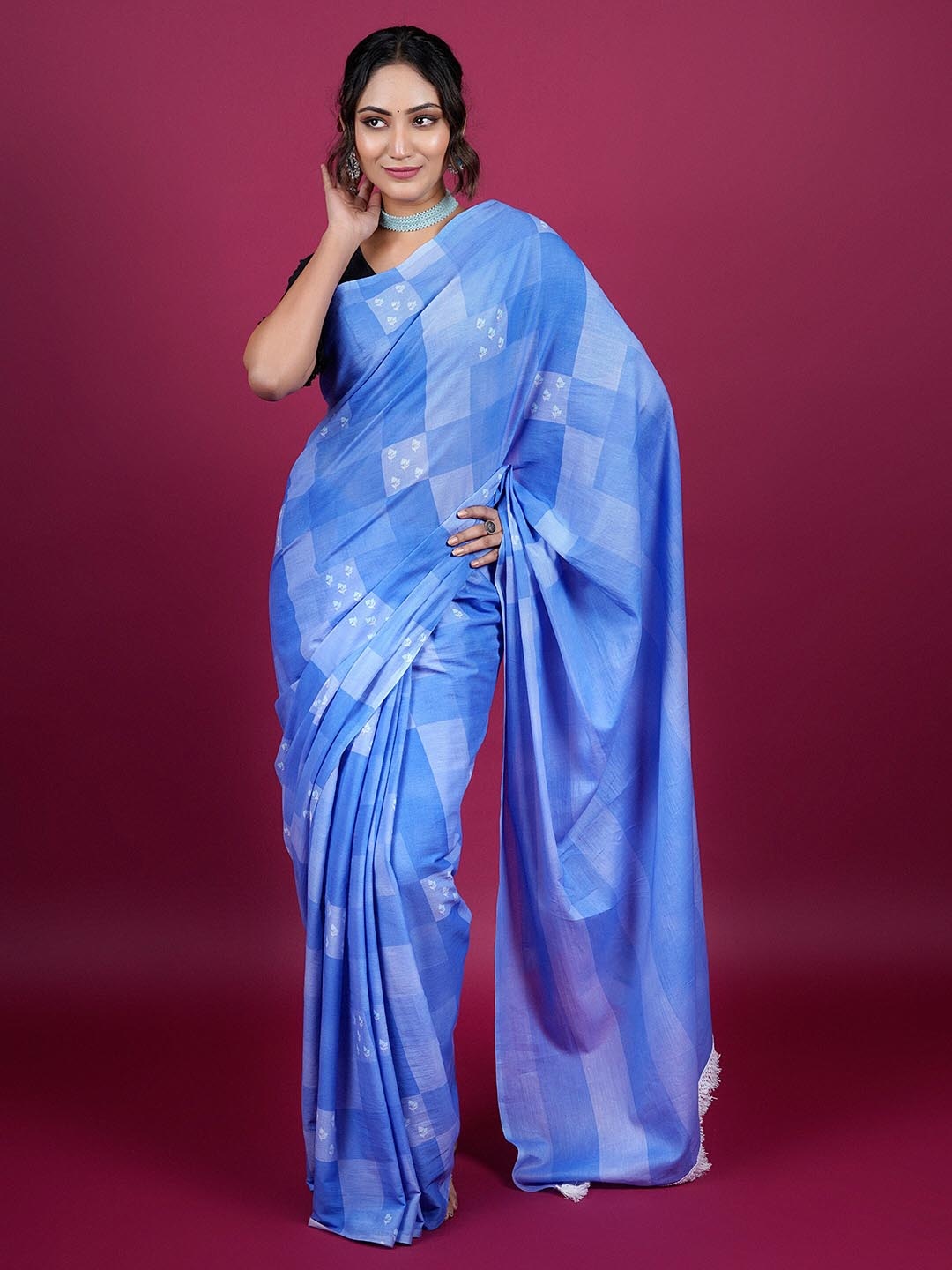 

BUTA BUTI Checked Pure Cotton Saree, Blue