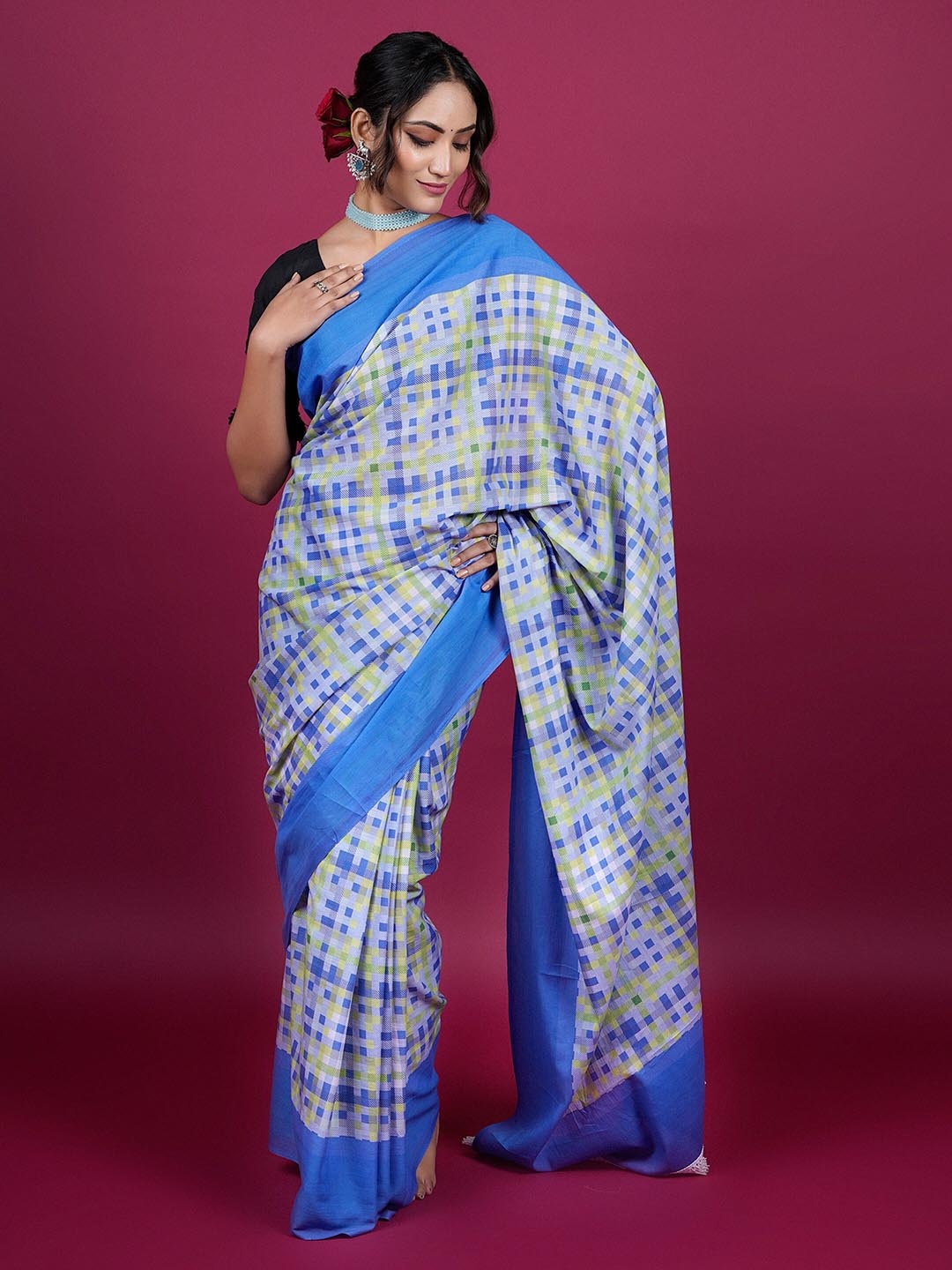 

BUTA BUTI Checked Pure Cotton Saree, Blue