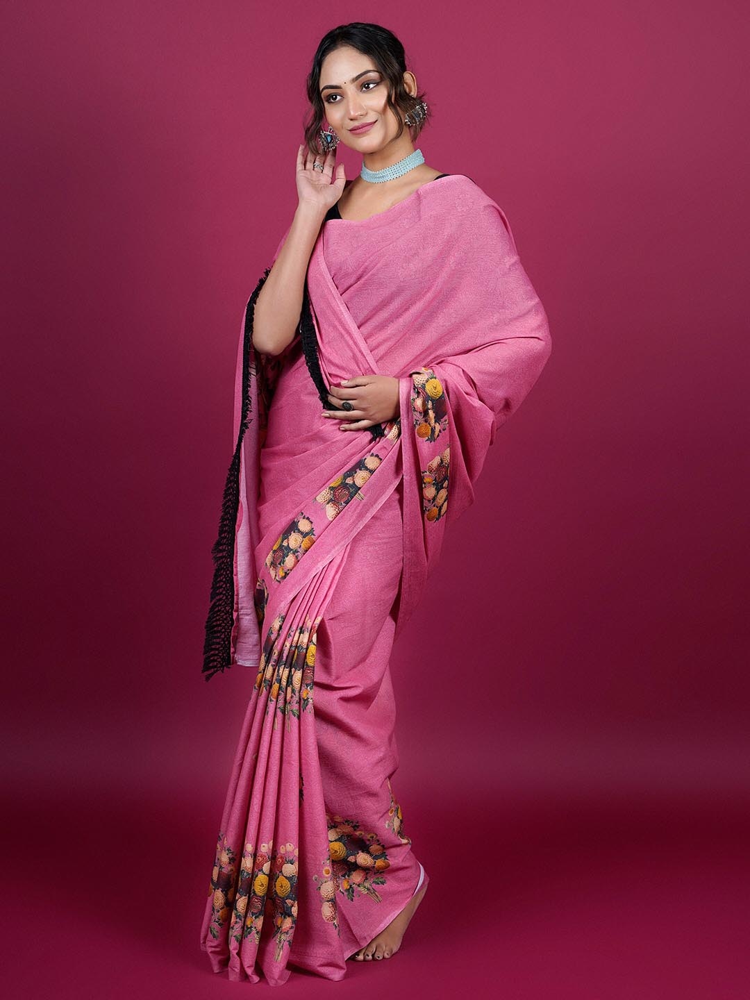 

BUTA BUTI Floral Printed Pure Cotton Saree, Pink