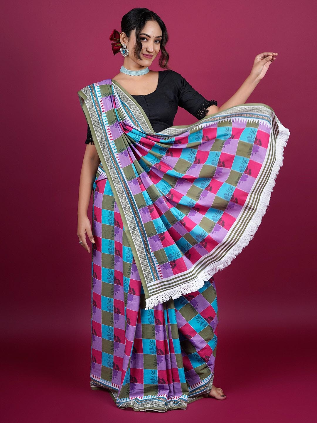 

BUTA BUTI Checked Pure Cotton Saree, Purple