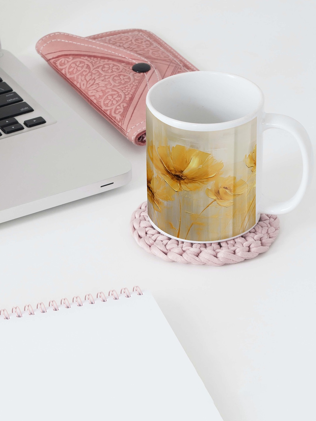 

BOOTCO Grey & Yellow Floral Printed Printed Ceramic Glossy Coffee Mug 330 ml