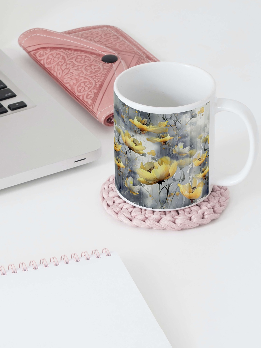 

BOOTCO Grey & Yellow Floral Printed Ceramic Glossy Coffee Mug - 330 ML