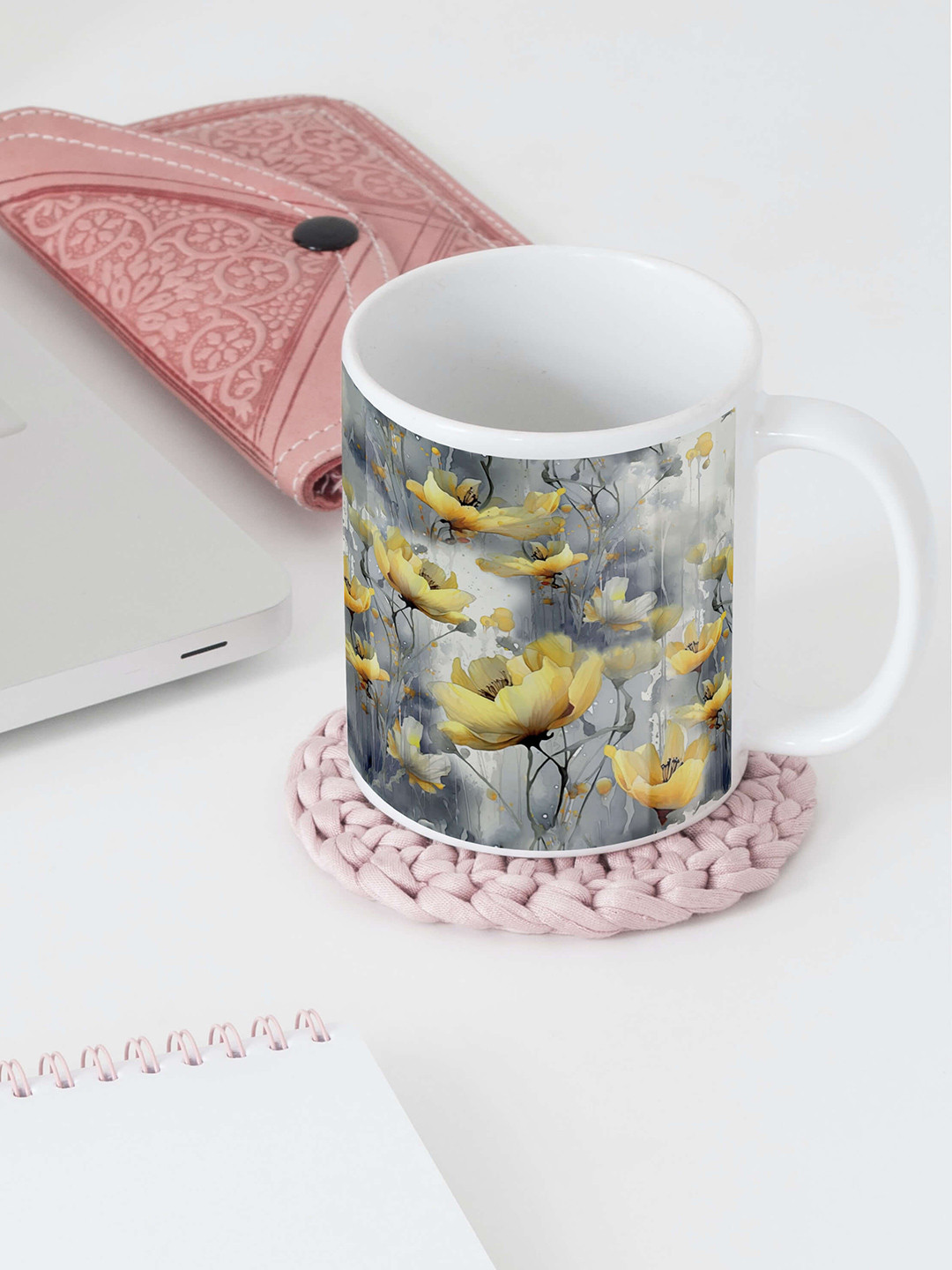 

BOOTCO Mustard & Grey Floral Printed Ceramic Glossy Mug 330 ML