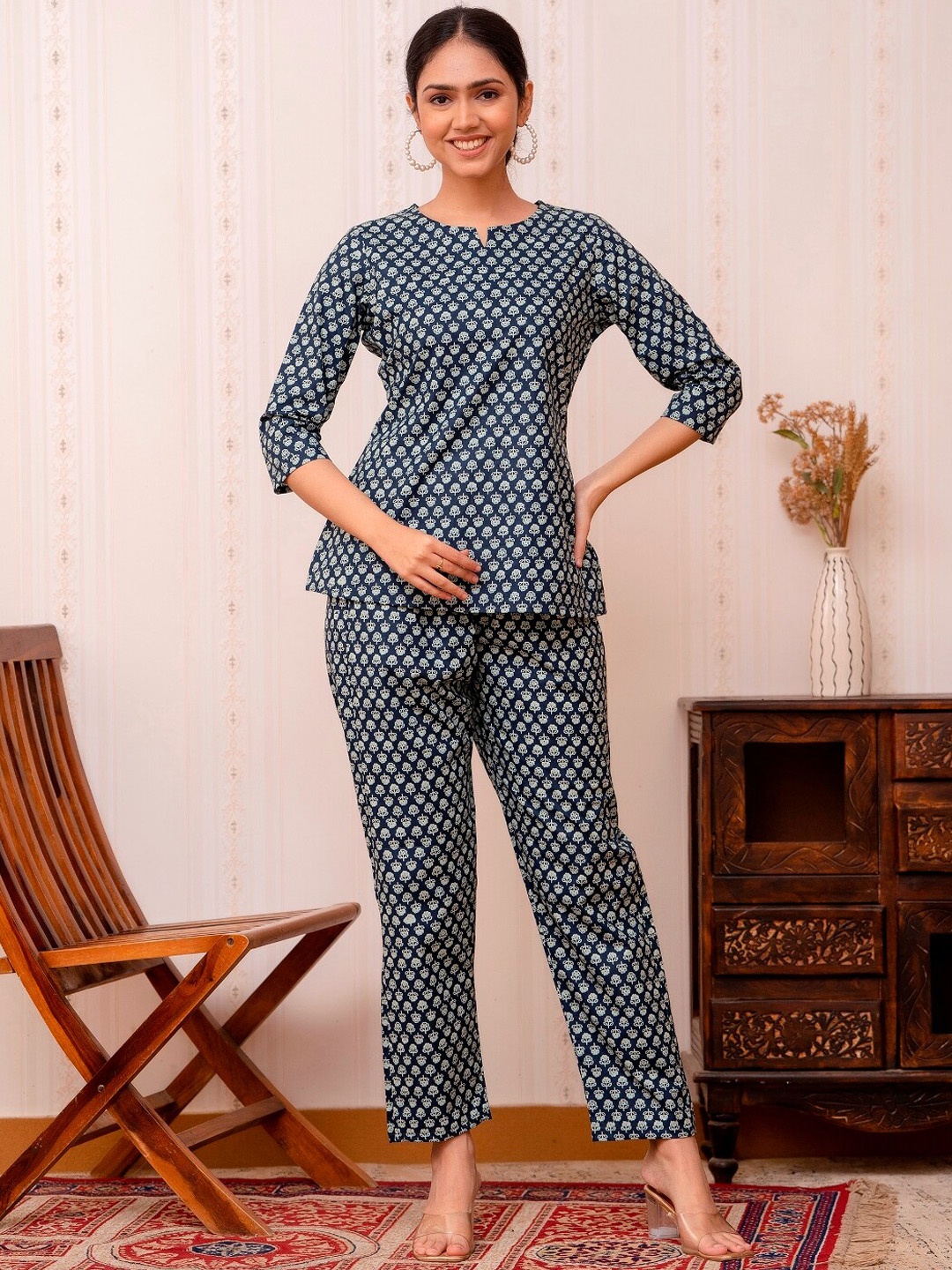 

Prakhya Floral Printed Cotton Top With Trouser, Blue