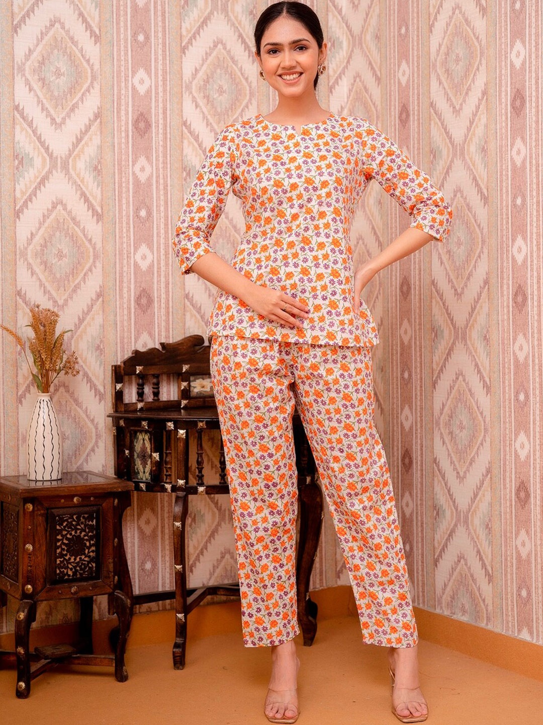 

Prakhya Ethnic Motifs Printed Top And Trousers, Orange