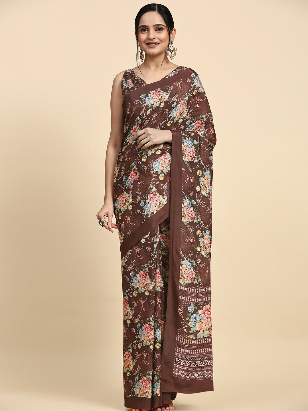 

RACHNA Floral Printed Satin Kanjeevaram Saree, Brown