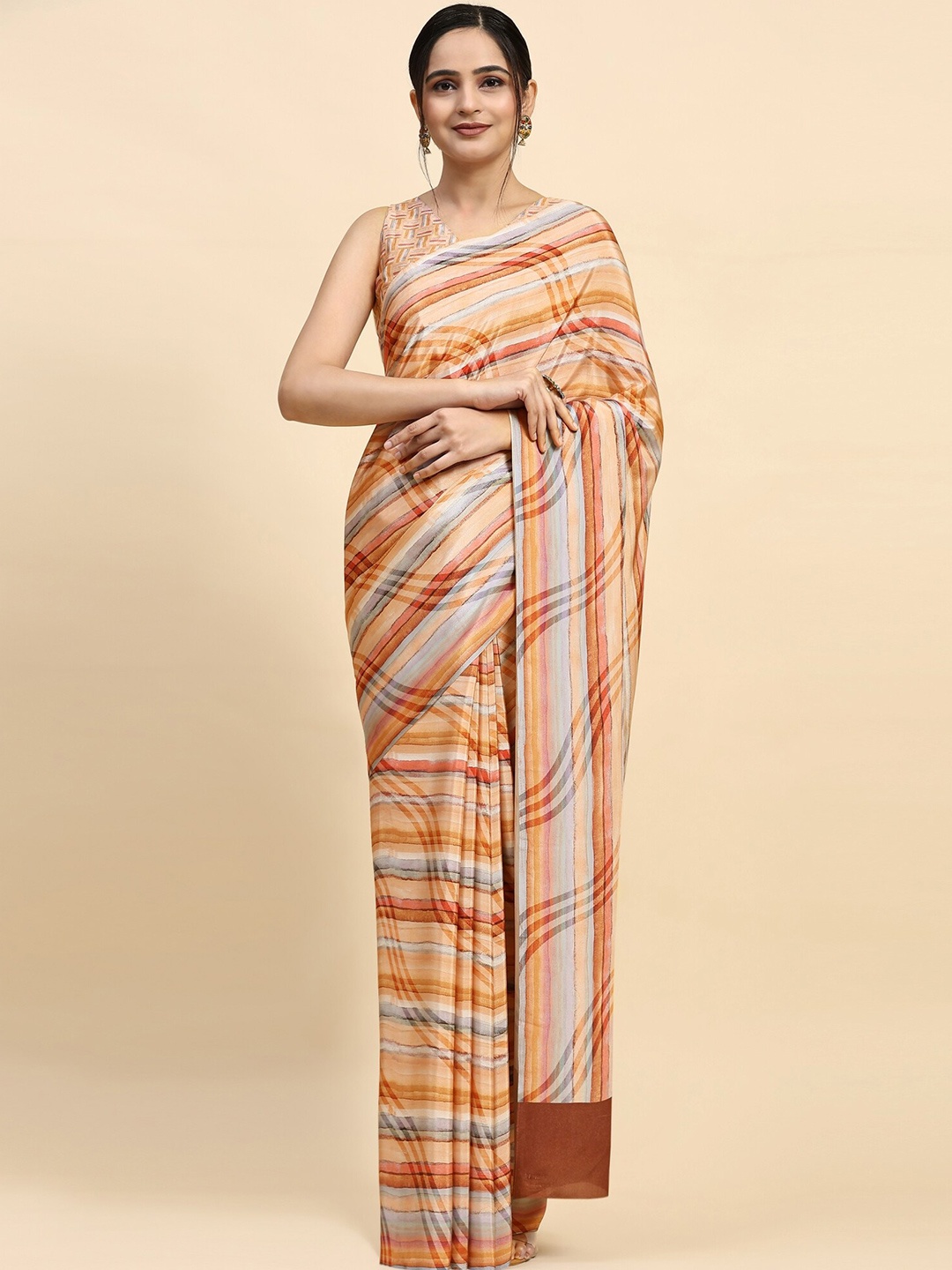 

RACHNA Striped Woven Design Satin Saree, Orange