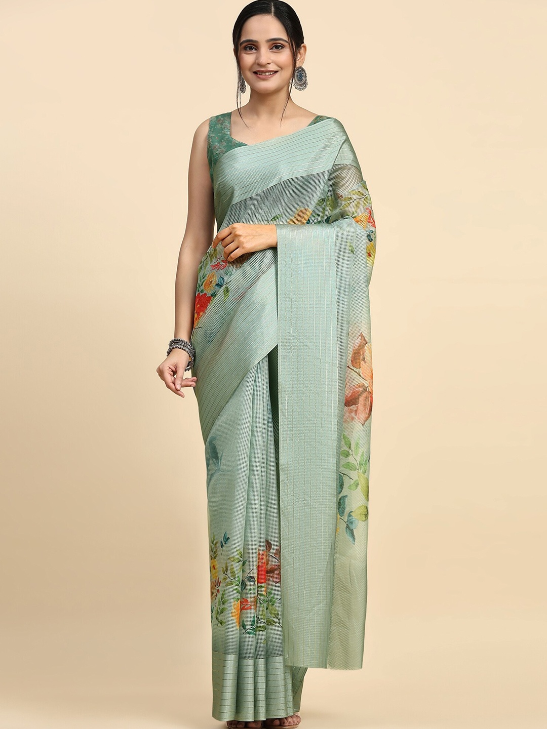 

RACHNA Floral Printed Mangalagiri Saree, Green