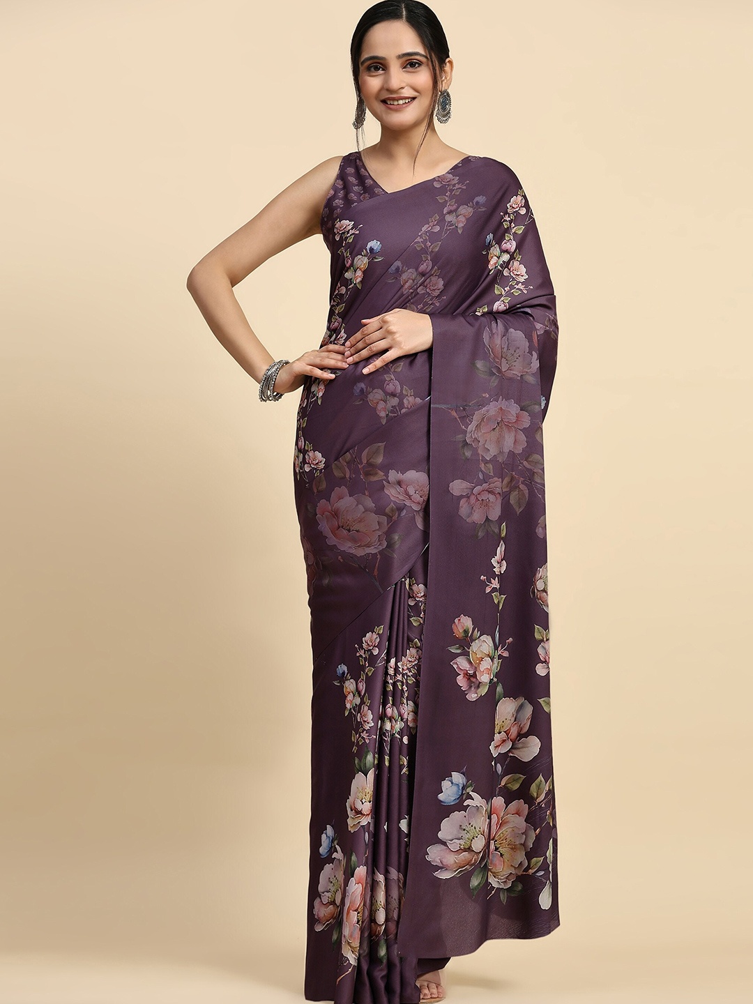 

RACHNA Floral Printed Satin Mangalagiri Saree, Purple