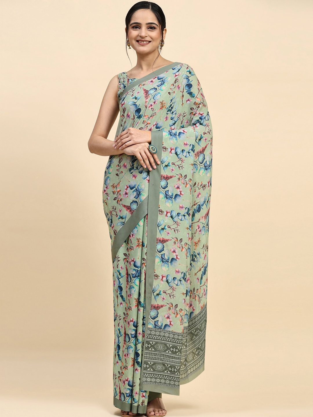 

RACHNA Floral Printed Satin Ilkal Saree, Green