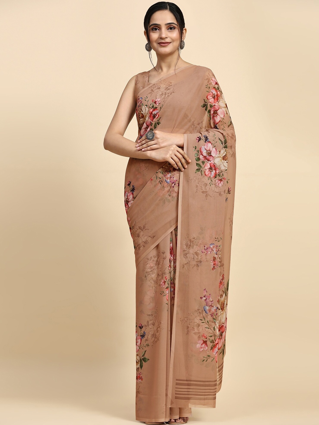 

RACHNA Floral Printed Satin Saree, Coffee brown