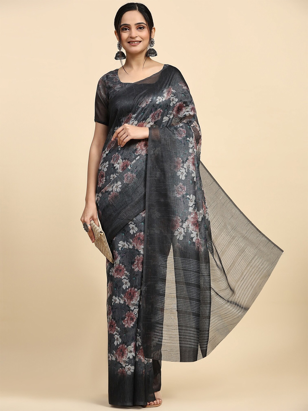 

RACHNA Floral Printed Mangalagiri Saree, Grey