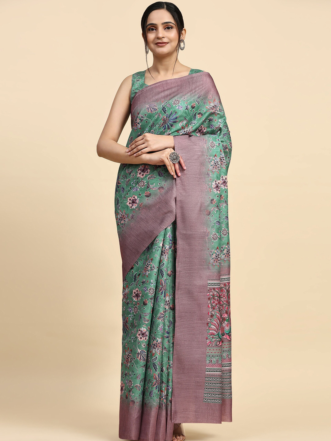 

RACHNA Floral Printed Jute Silk Mangalagiri Saree, Green