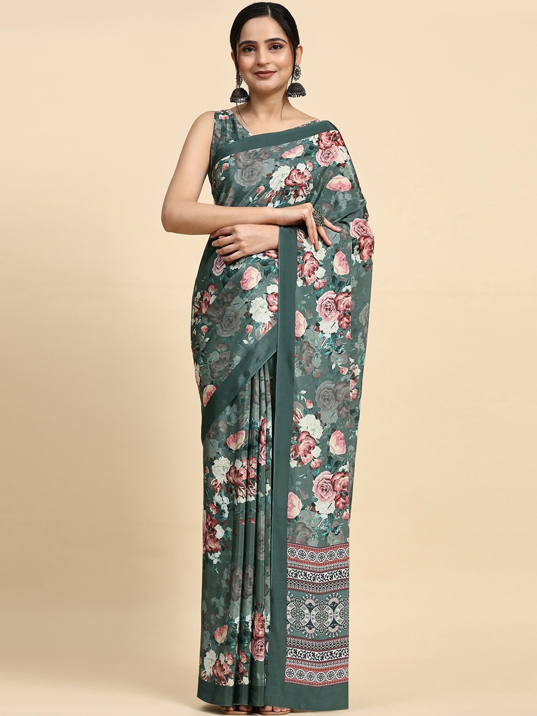 

RACHNA Floral Printed Mangalagiri Saree, Green