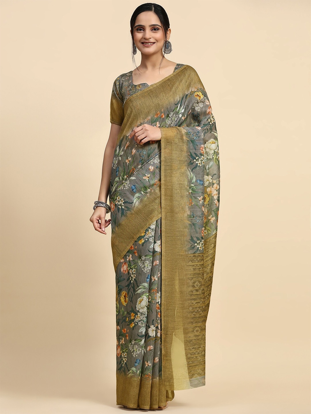 

RACHNA Floral Printed Batik Jute Silk Fusion Saree, Grey