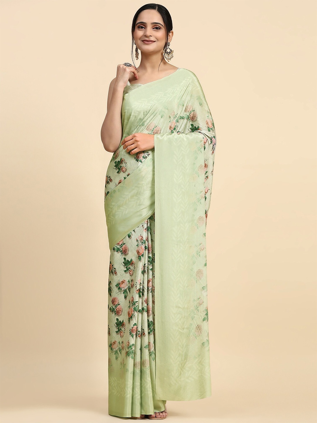 

RACHNA Floral Printed Satin Mangalagiri Saree, Green