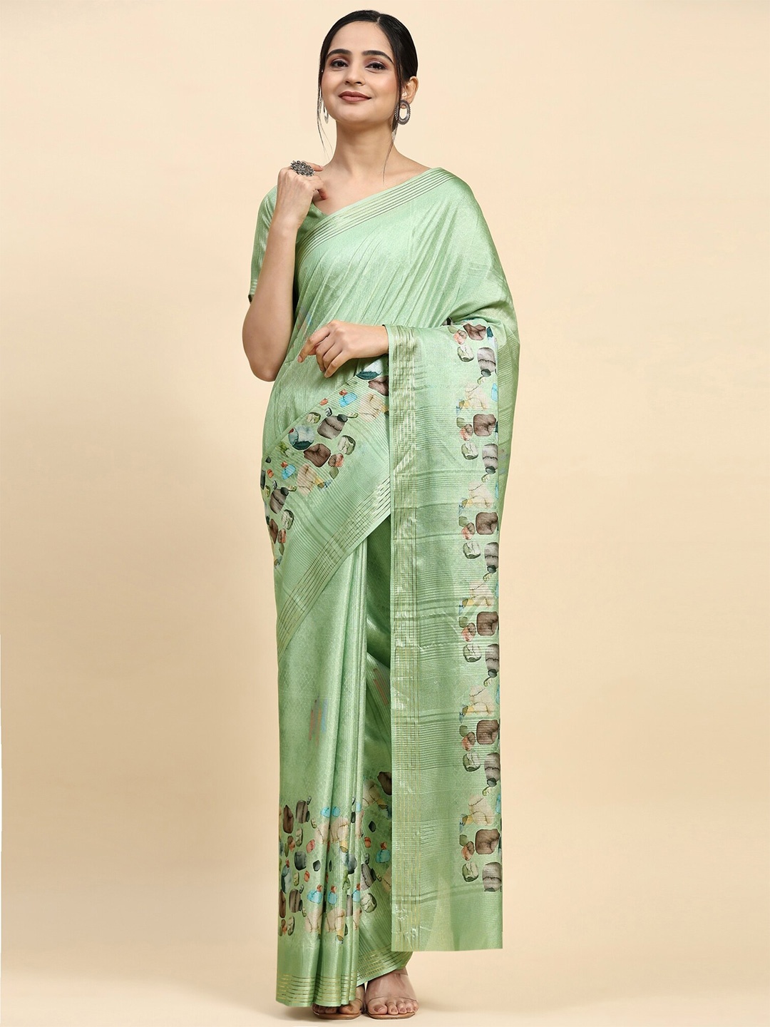 

RACHNA Floral Printed Tussar Saree, Green