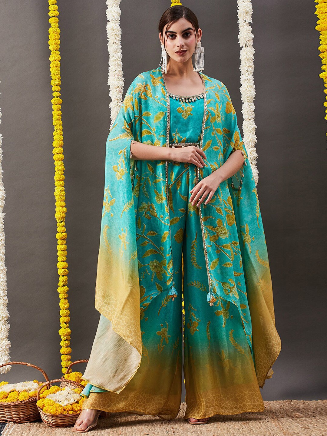 

Envy Me by FASHOR Floral Printed Top & Palazzo With Shrug, Sea green
