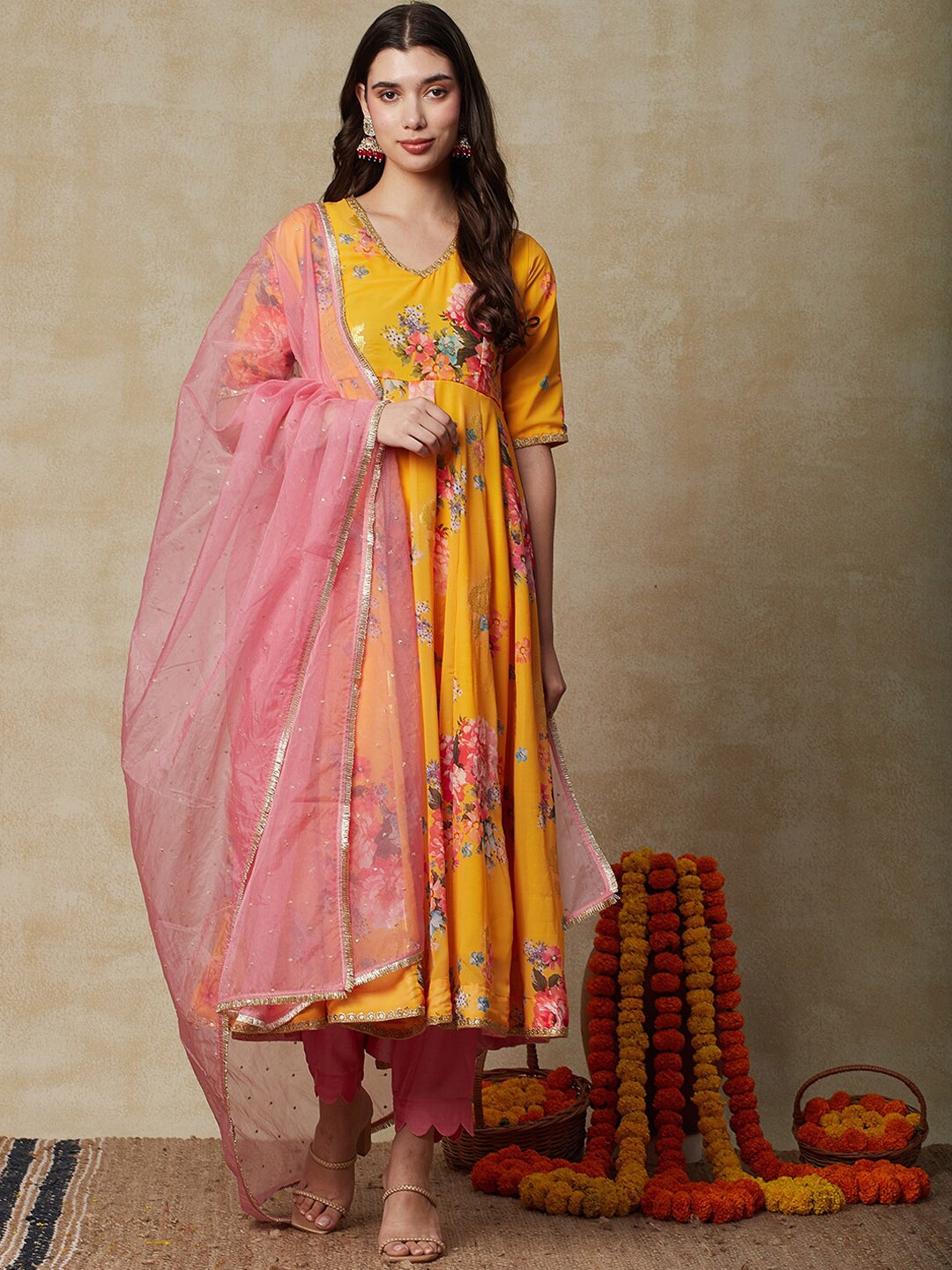 

Envy Me by FASHOR Floral Printed Anarkali Thread Work Kurta With Trousers & Dupatta, Yellow