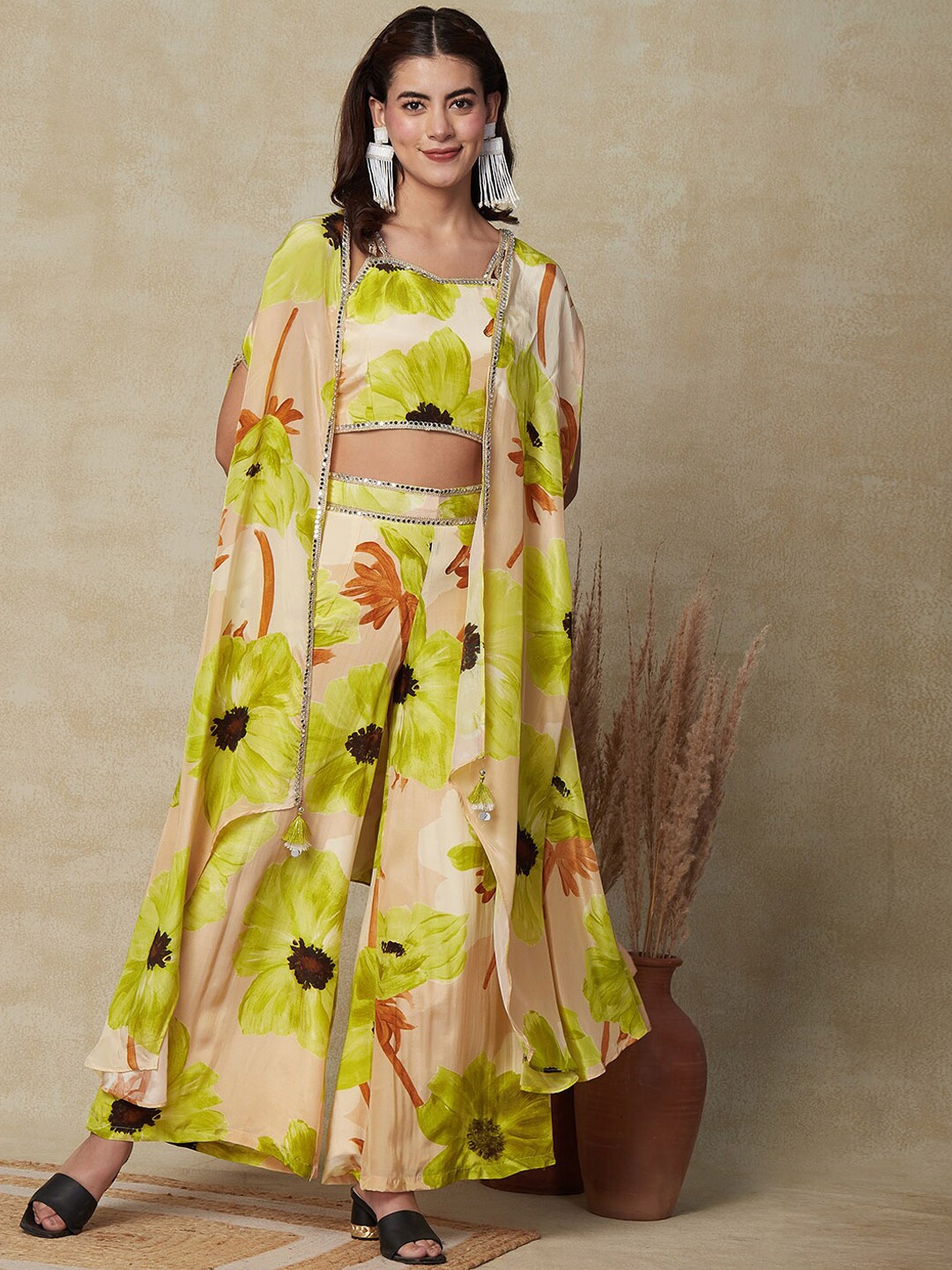

Envy Me by FASHOR Floral Printed Top & Palazzo With Shrug, Green