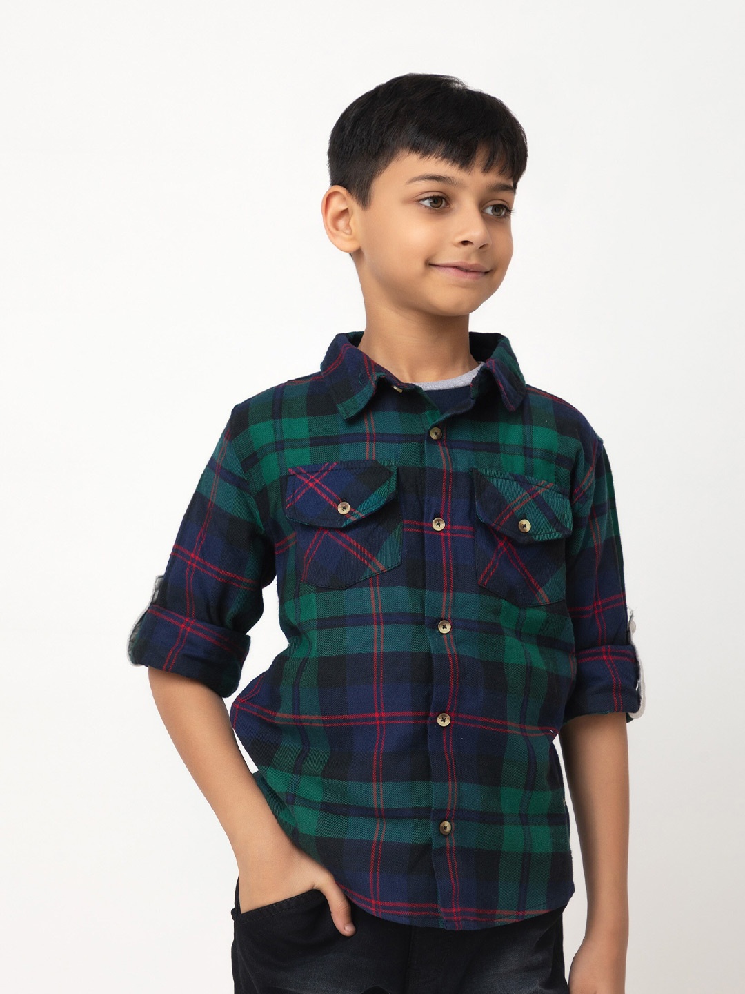 

Purple United Kids Boys Tartan Checks Roll-Up Sleeves Cotton Casual Shirt, Green