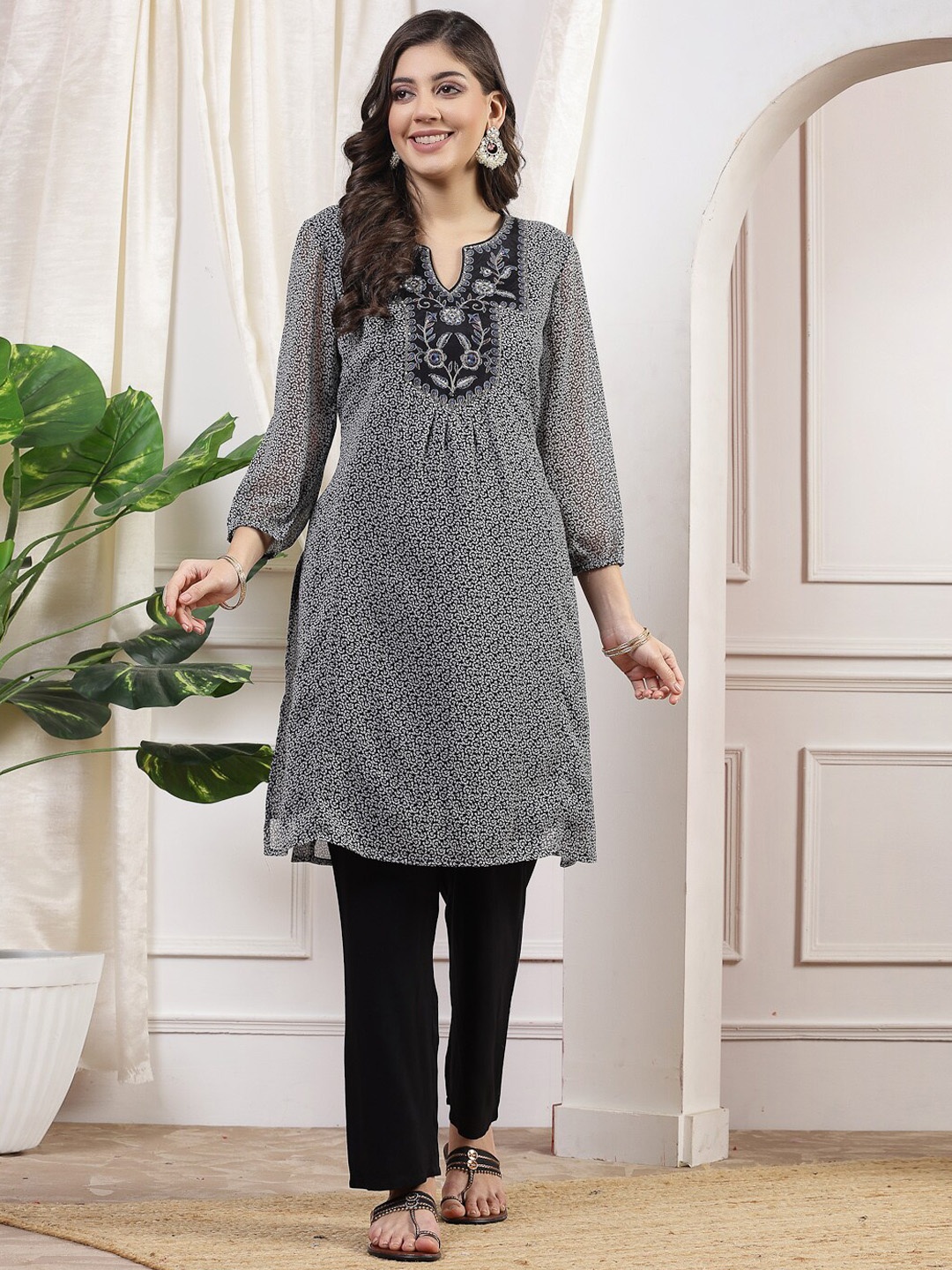 

Nayam By Lakshita Floral Printed & Embroidered Yoke Design A-Line Kurta With Trouser, Black