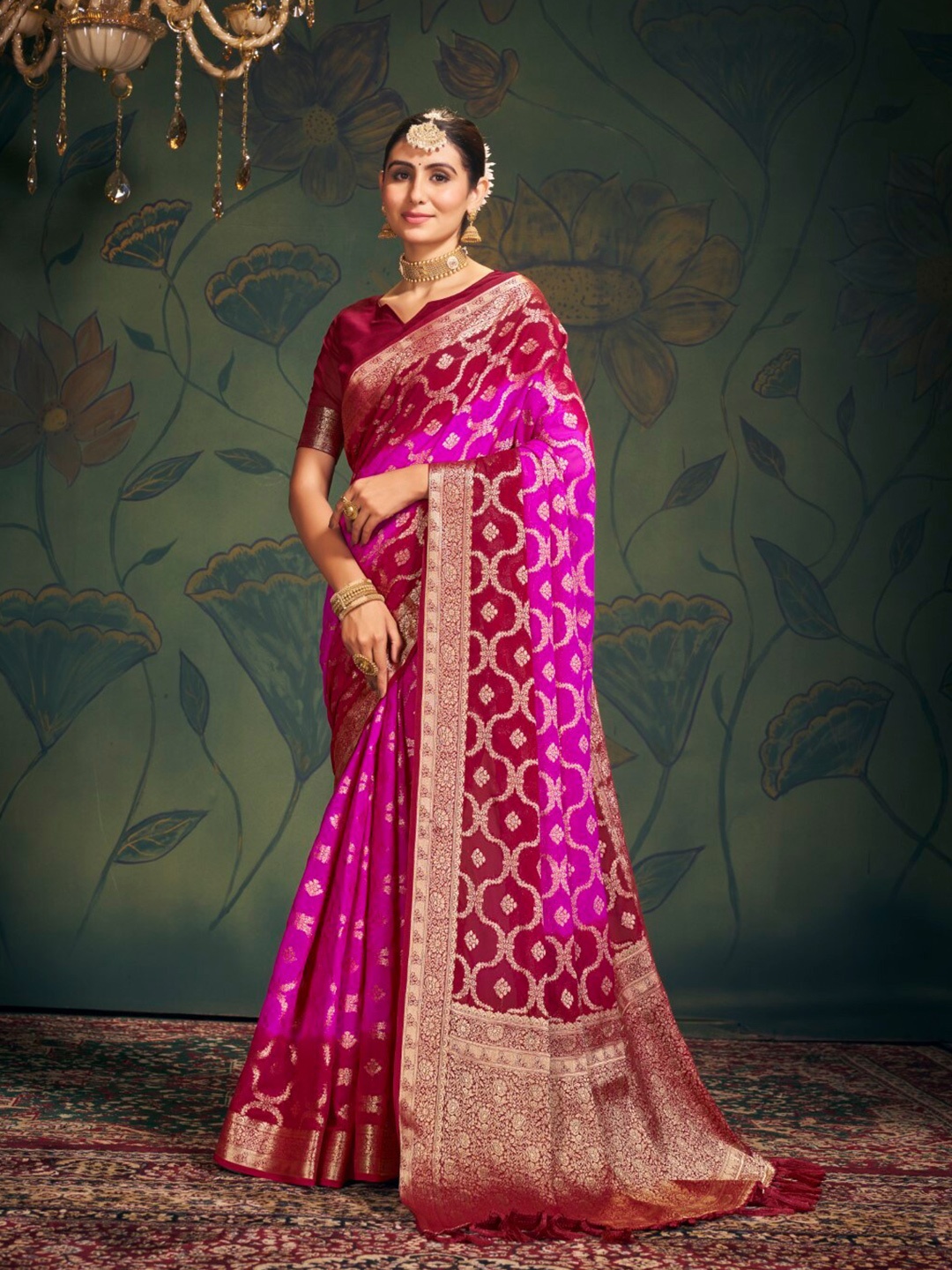 

FLOURIOUS Woven Design Pure Georgette Banarasi Saree, Pink