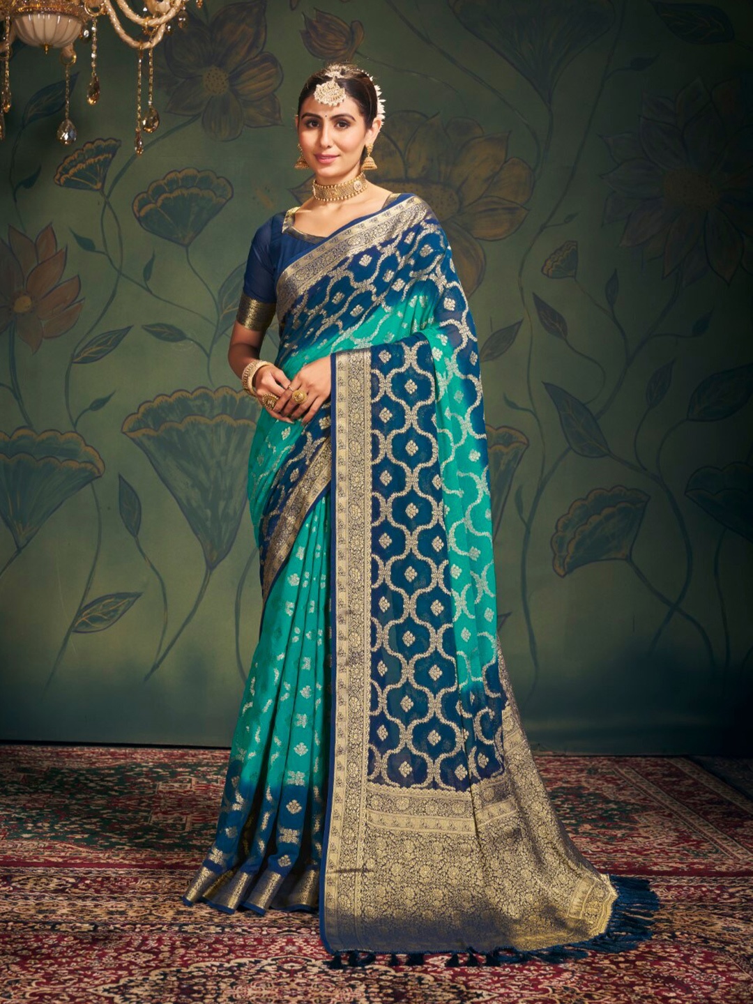 

FLOURIOUS Pure Georgette Woven Design Banarasi Saree, Turquoise blue