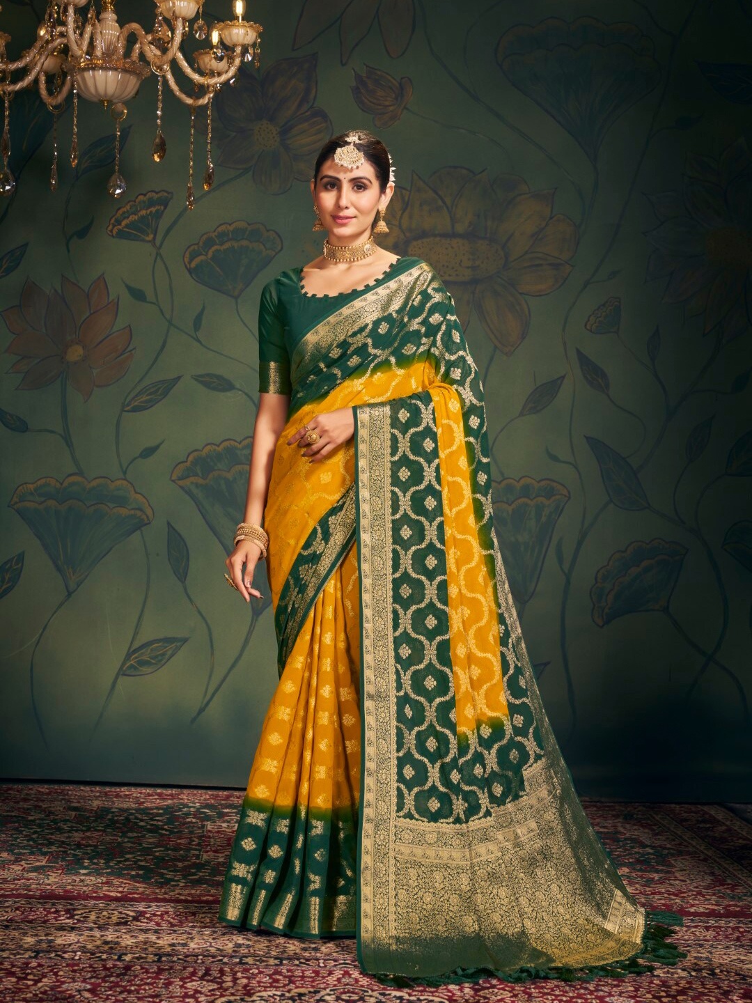 

FLOURIOUS Pure Georgette Woven Design Banarasi Saree, Yellow