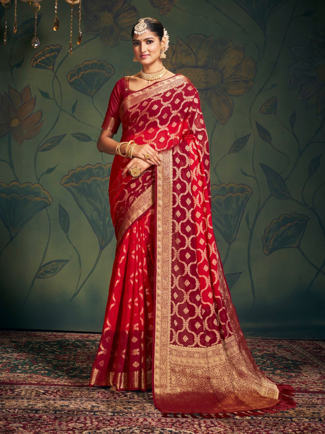 

FLOURIOUS Woven Design Pure Georgette Banarasi Saree, Red