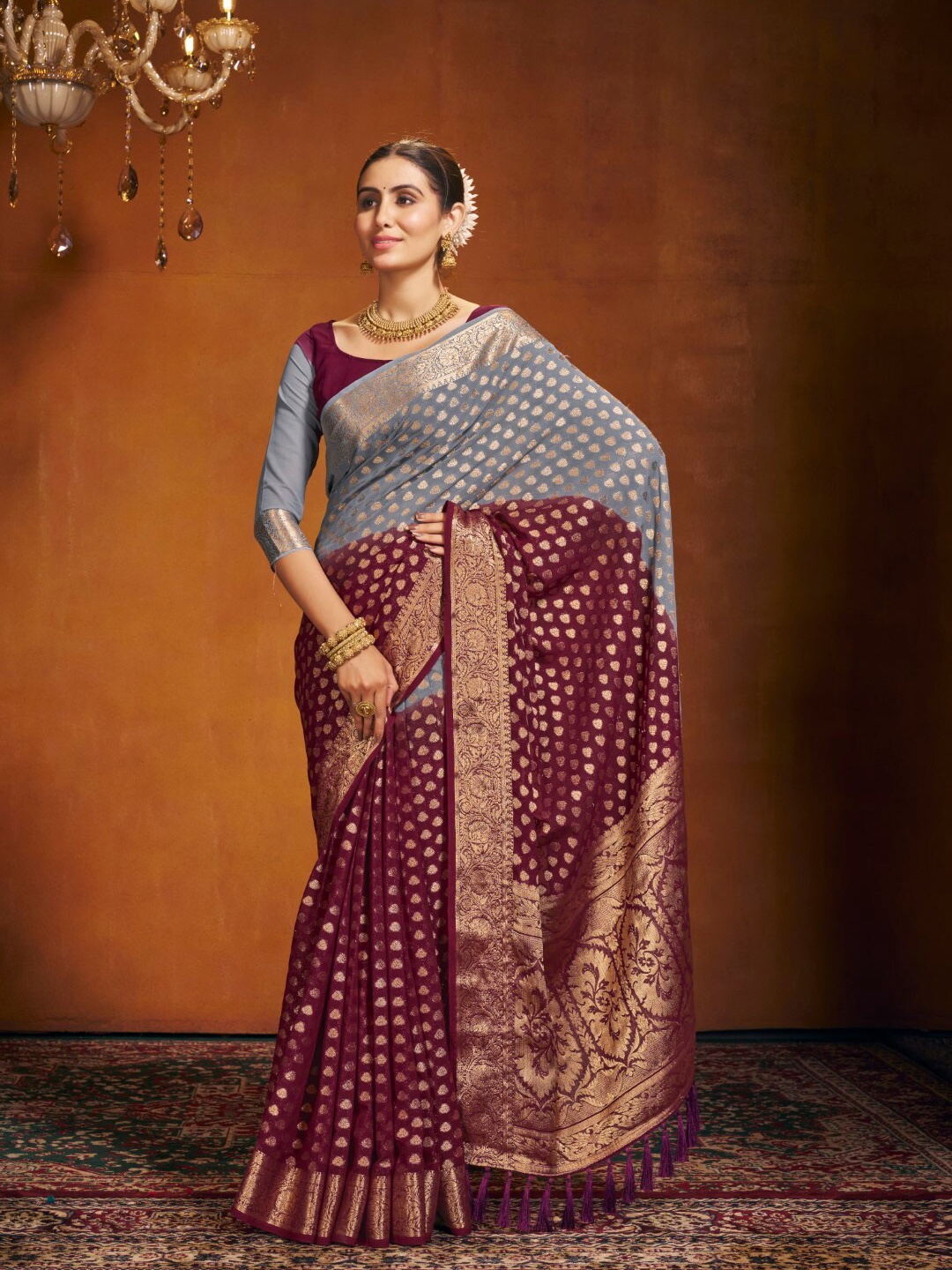 

FLOURIOUS Ethnic Motifs Woven Design Zari Pure Georgette Banarasi Saree, Maroon