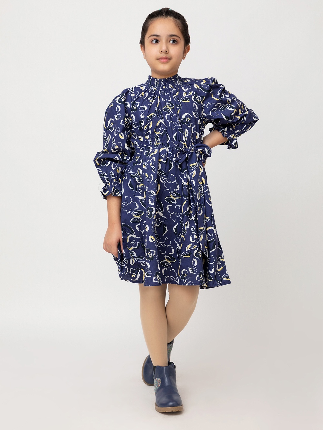 

Purple United Kids Girls Floral Printed High Neck Cotton Fit & Flare Dress, Navy blue