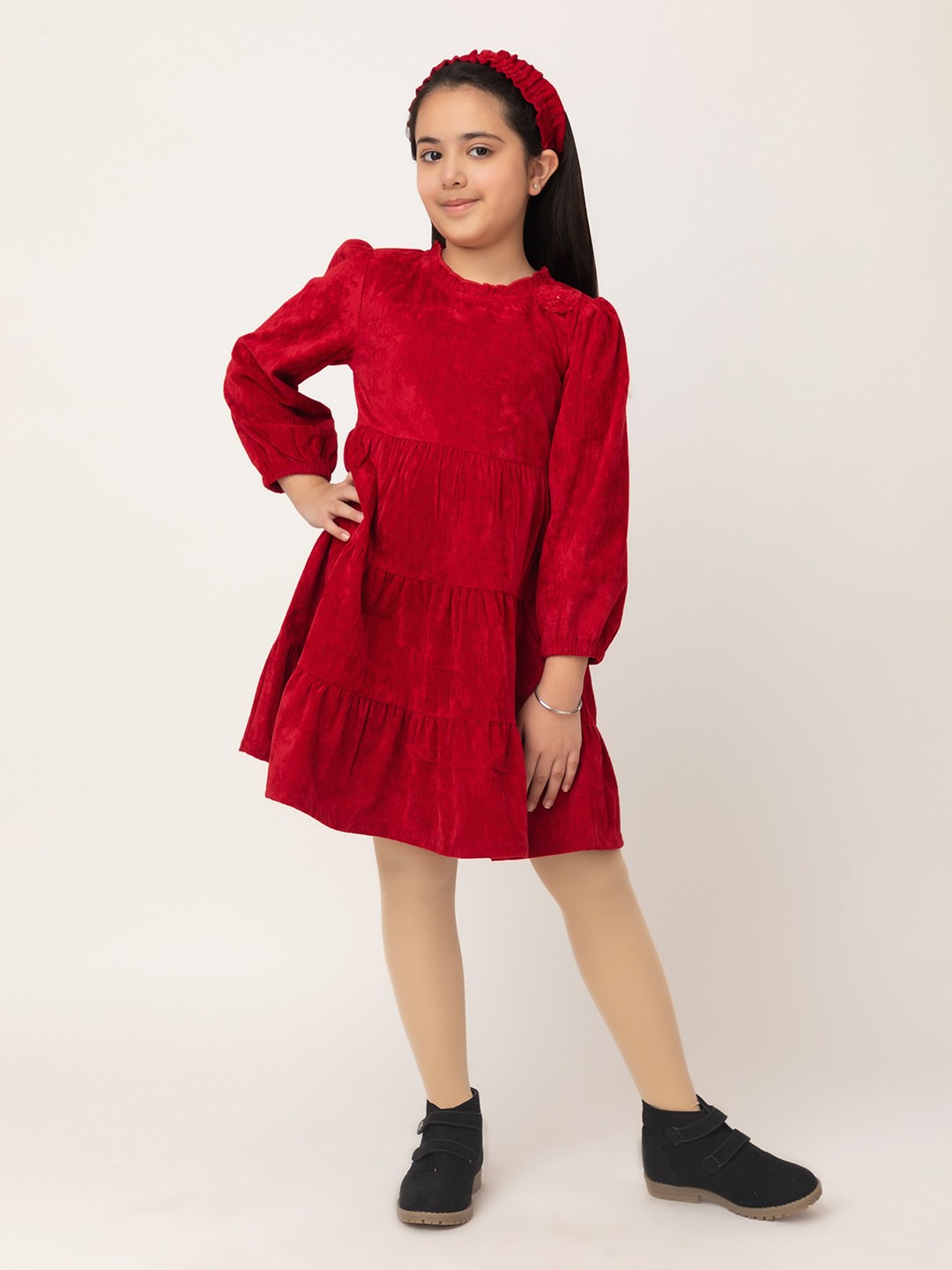 

Purple United Kids Girls Puff Sleeves Tiered Velvet Fit & Flare Dress, Red