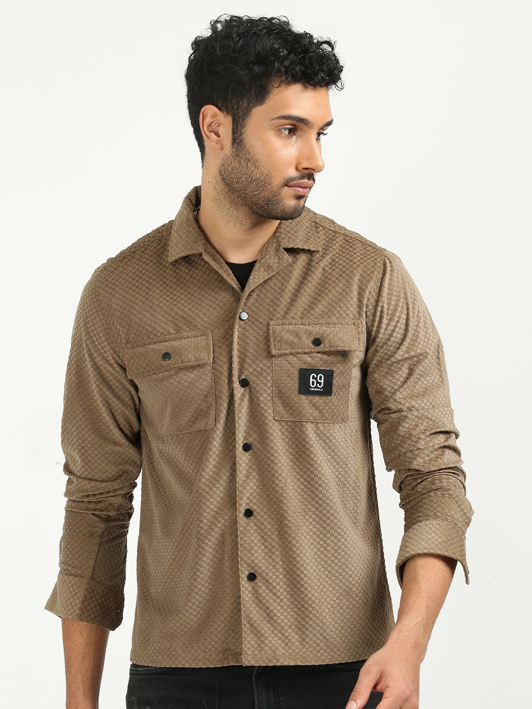 

FLY 69 Premium Boxy Checked Corduroy Casual Shirt, Camel brown