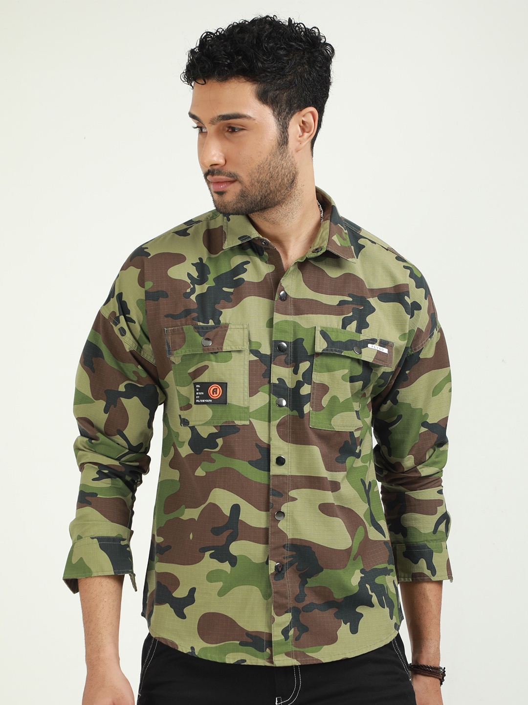 

FLY 69 Camouflage Printed Premium Slim Fit Pure Cotton Casual Shirt, Green
