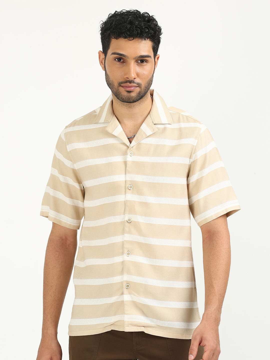 

FLY 69 Striped Premium Cuban Collar Pure Cotton Boxy Casual Shirt, Beige