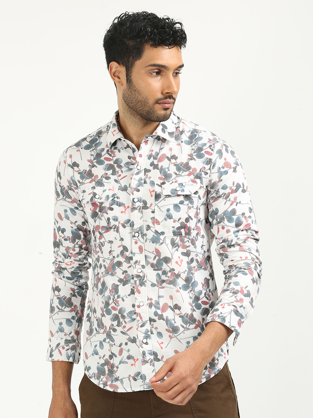 

FLY 69 Premium Slim Fit Floral Printed Corduroy Casual Shirt, White