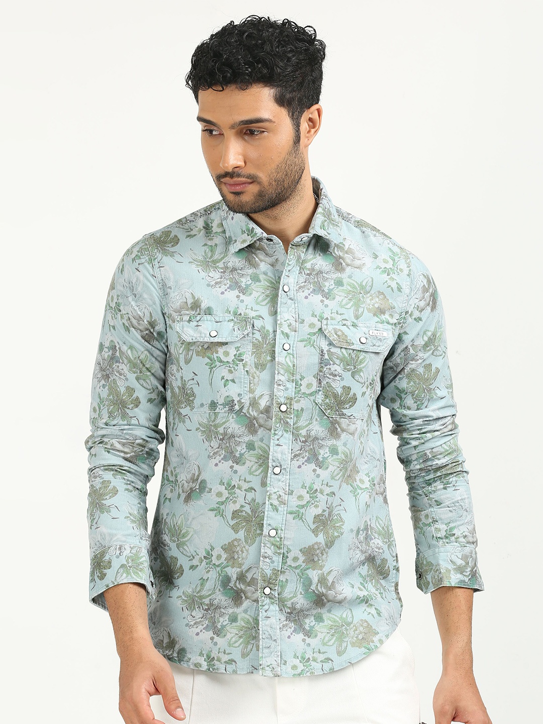 

FLY 69 Premium Slim Fit Floral Printed Corduroy Casual Shirt, Green